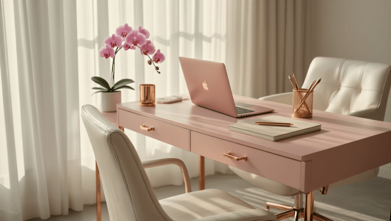 Cinematic close-up of a blush pink desk with rose gold hardware, featuring a white leather chair, an open laptop, and a delicate orchid, all bathed in warm natural light within a minimalist workspace.