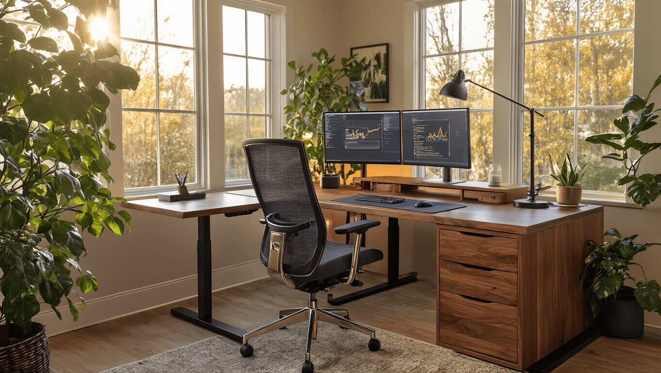 Cinematic wide shot of a premium walnut standing desk workspace featuring dual monitors, an ergonomic chair, and warm ambient lighting, showcasing a clean and inviting home office environment.