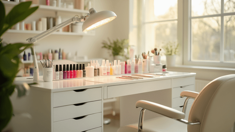 Professional manicure station with organized supplies, sleek white lacquered desk, ergonomic chairs, and warm natural lighting.