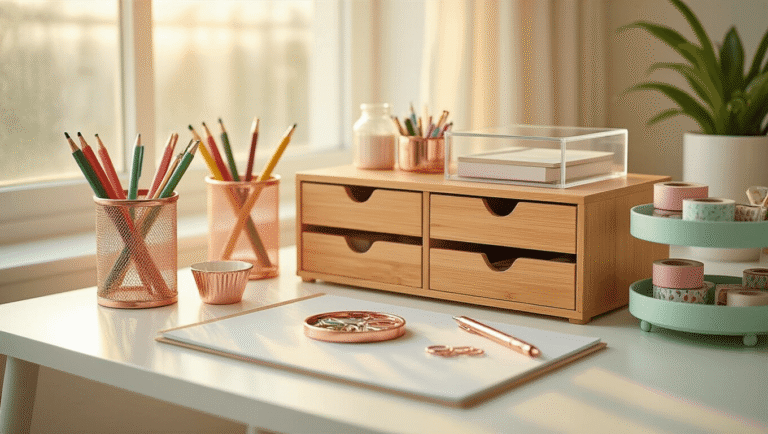 Cinematic shot of an elegant white desk workspace during golden hour, showcasing rose gold pen holders, bamboo drawer dividers, acrylic storage boxes, and a mint green rolling cart, all illuminated by soft natural light.