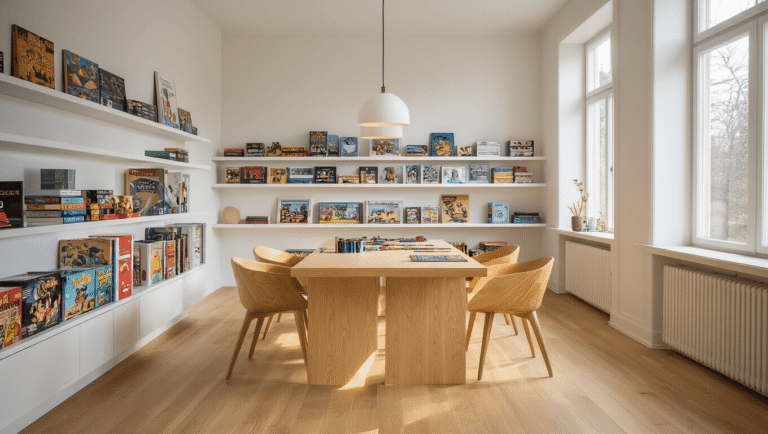 A serene Scandinavian gaming room featuring a blonde wood table, molded plywood chairs, and a curated board game collection on white shelves, all illuminated by soft northern light from oversized windows.
