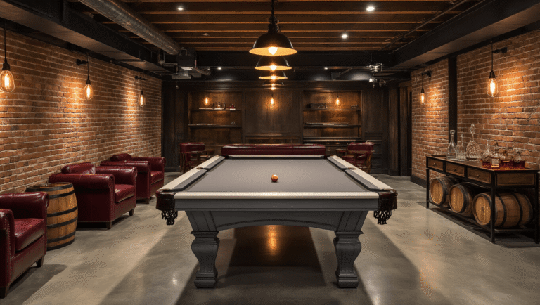 Cinematic shot of a sophisticated basement game room featuring a two-tone charcoal gray and white pool table, warm Edison bulb lighting, exposed brick walls, polished concrete floors, burgundy leather seating, and a classic bar cart, creating an inviting and luxurious atmosphere.
