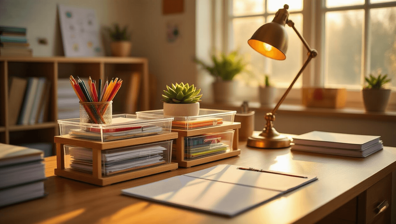 Cinematic wide-angle view of a neatly organized teacher's desk at golden hour, featuring a warm oak surface, clear acrylic organizers with colorful supplies, a three-tier bamboo paper tray, a small succulent, and a vintage brass lamp, all highlighted by soft honey lighting.