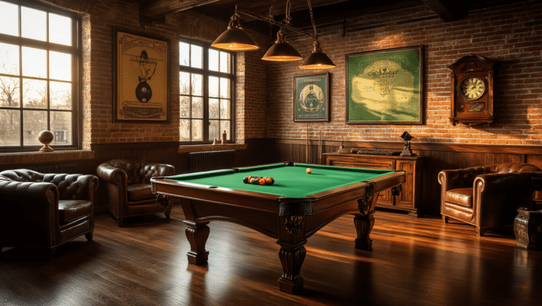 Transform Your Game Room with Stunning Pool Table Art That Actually Makes People Stop and Stare Cinematic wide-angle view of a sophisticated game room featuring a mahogany pool table with emerald felt, warm golden hour lighting, exposed brick walls with vintage billiard art, rich leather club chairs, and polished hardwood floors, creating an inviting and cozy ambiance.