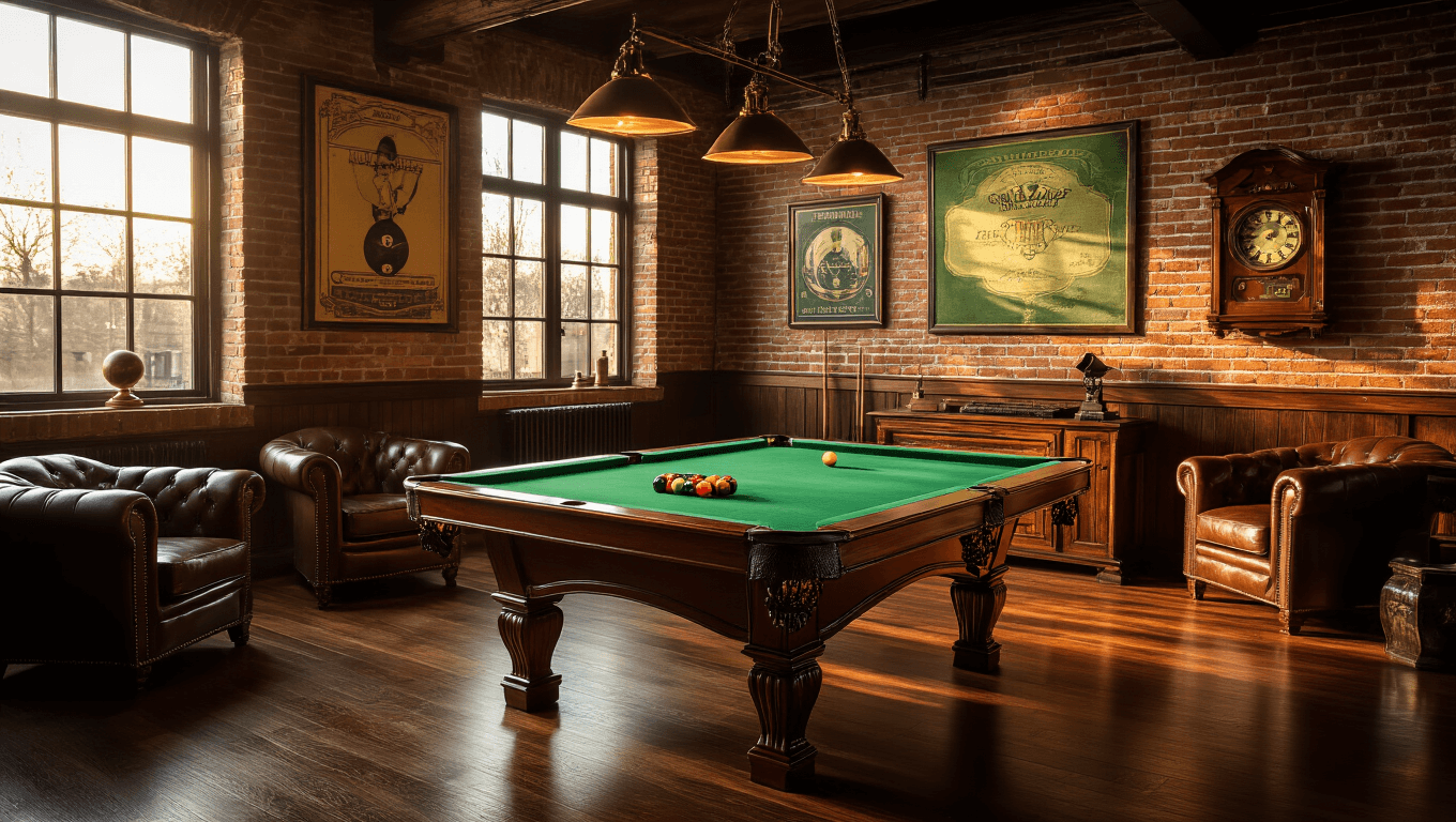 Cinematic wide-angle view of a sophisticated game room featuring a mahogany pool table with emerald felt, warm golden hour lighting, exposed brick walls with vintage billiard art, rich leather club chairs, and polished hardwood floors, creating an inviting and cozy ambiance.