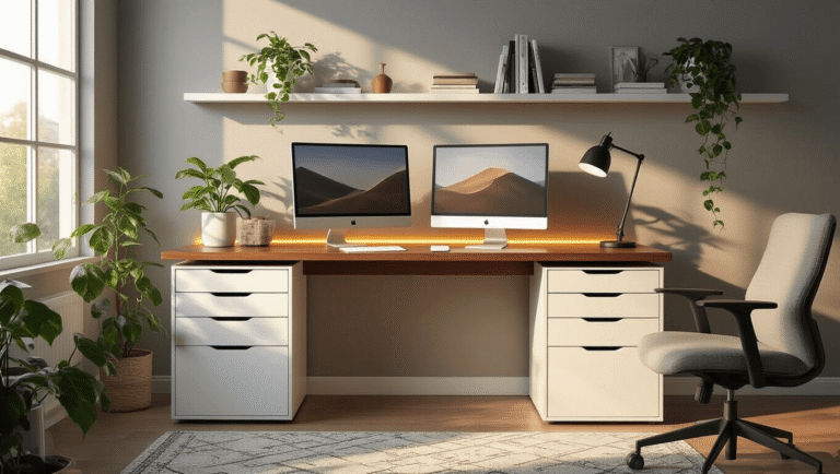 Cinematic home office setup with walnut KARLBY countertop on white ALEX drawers, warm lighting, dual monitors, minimalist decor, green plants, organized cables, geometric rug, and floating shelves in a professional yet cozy atmosphere.