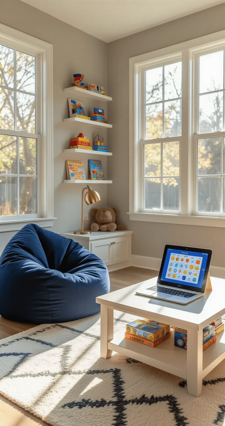 A cozy children's playroom filled with warm sunlight, featuring a navy blue bean bag chair, a white oak coffee table with an educational tablet, dove gray walls, floating shelves with toys and books, and a geometric-patterned cream rug, all captured at child's eye level with vibrant colors and shallow depth of field.