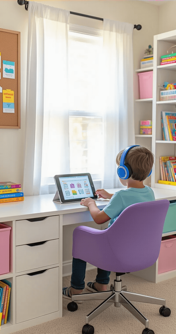 A cozy family learning center with a child at a sleek white desk, immersed in tablet learning during golden hour, featuring pastel storage cubbies and educational decor in a softly lit environment.