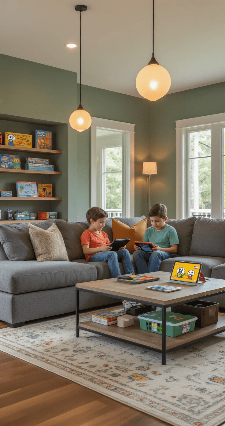 A cozy family living room at dusk, featuring a sectional sofa and siblings engaged with a kids' learning tablet, surrounded by educational decor and modern lighting.