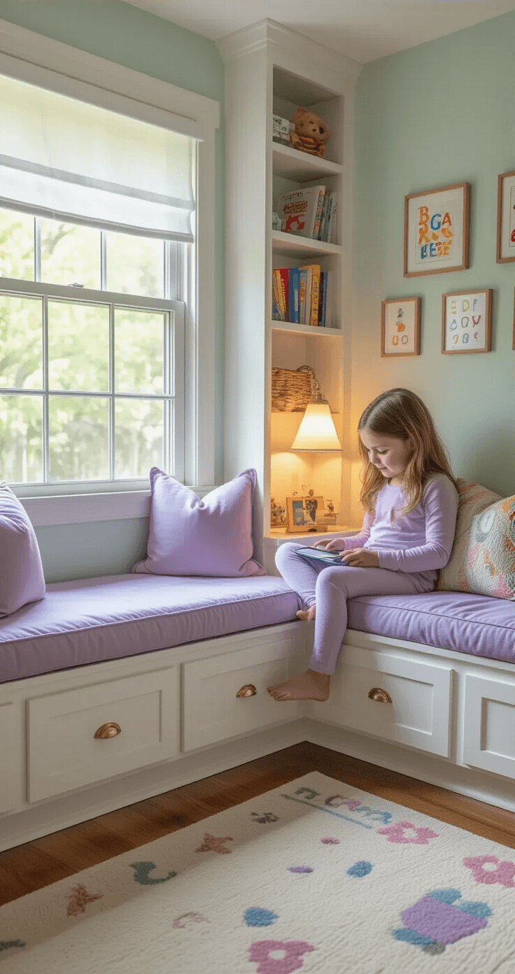 A cozy child's reading corner with a window seat, a young girl using a tablet, white built-in bookcases, mint green walls with educational decals, and warm lighting from a child-safe lamp, all creating a peaceful learning space.