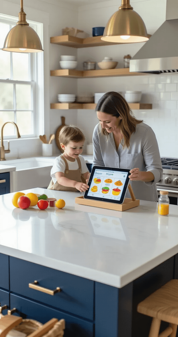 A modern kitchen island with a parent and child engaged in interactive cooking games on a tablet, surrounded by bright quartz countertops, navy cabinets, educational tools, and natural light streaming in.