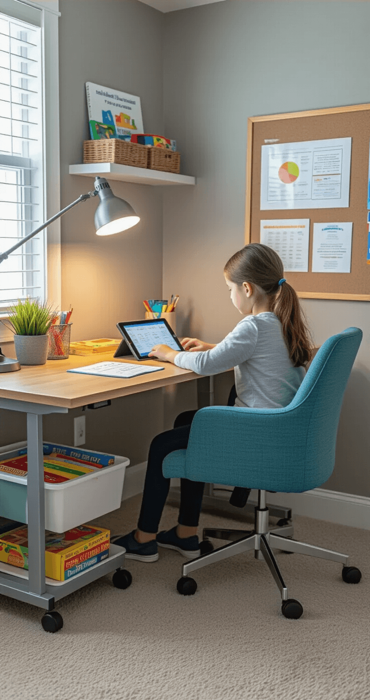 A cozy family den with a height-adjustable wooden desk where a 10-year-old focuses on math challenges on a tablet, surrounded by organized educational supplies in a rolling cart, an ergonomic teal chair, and a bulletin board displaying progress charts. Warm gray walls and a desk lamp provide a calming study atmosphere, enhanced by natural light from a window.