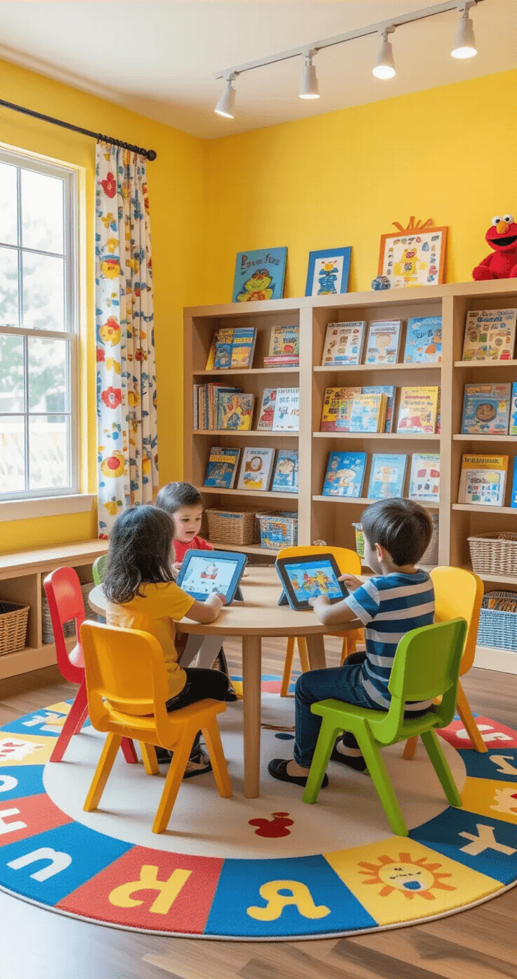 Bright library corner for early learners featuring a low round maple table surrounded by small colorful chairs, with preschoolers engaging in Sesame Street educational games on sturdy tablets. The cheerful space includes soft yellow walls, floor-to-ceiling bookshelves filled with picture books, and a large alphabet rug. Natural light fills the area through large windows with playful curtains, while educational posters and character imagery enhance the immersive learning environment.