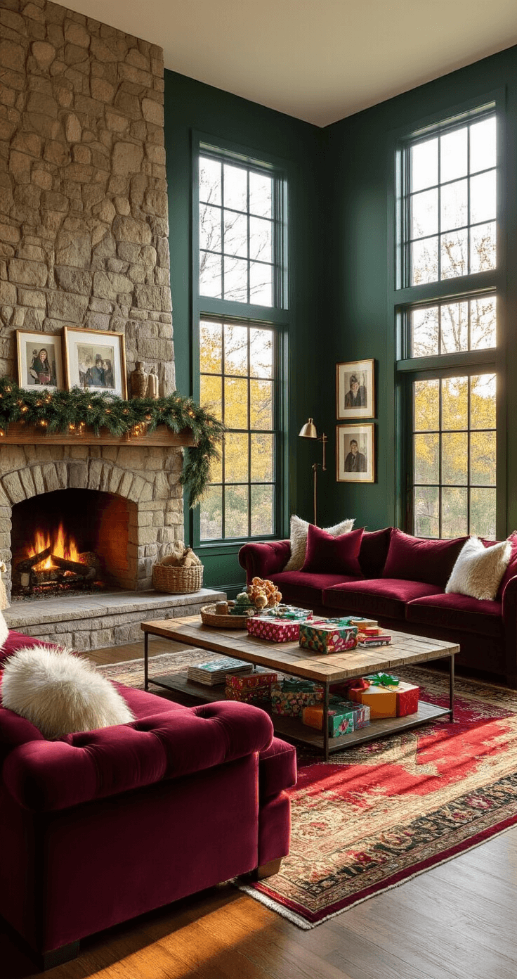 Cozy living room during golden hour with a burgundy velvet sofa, rustic stone fireplace, reclaimed wood coffee table with board games and gift boxes, emerald green walls, framed family photos, plush pillows, Persian rug, and twinkling pine garland on the mantle.