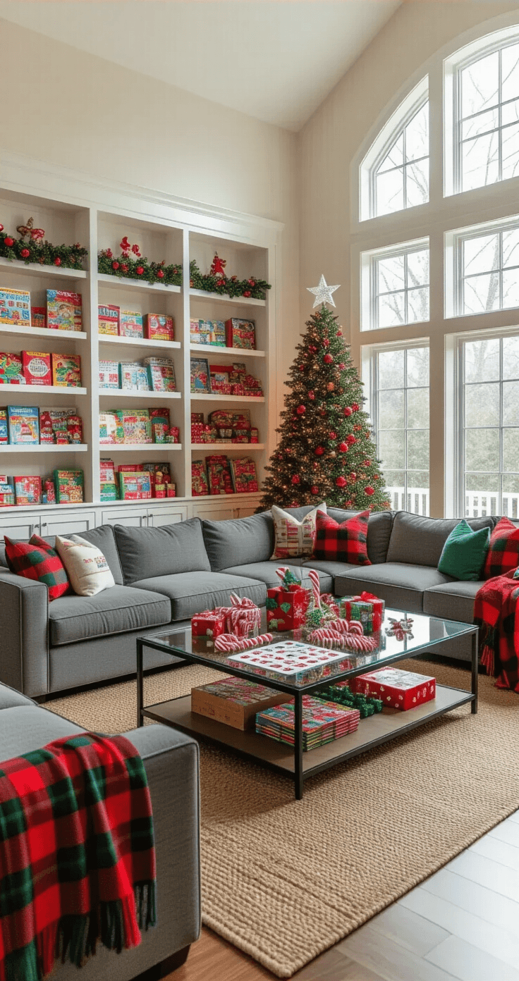 A festive family room filled with natural light, showcasing a large sectional sofa, colorful board games on built-in shelves, a decorated Christmas tree, and cozy throw blankets, all set for an active game time.