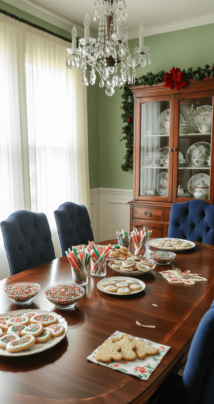 Elegant dining room transformed into a Christmas craft station, with a rich cherry wood oval table displaying organized craft supplies under soft afternoon light, surrounded by high-back navy chairs and adorned with festive decorations.
