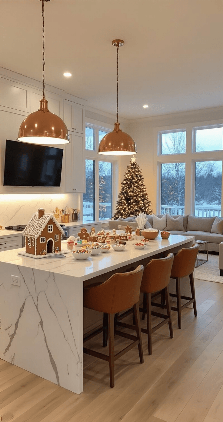 A modern open-concept kitchen and living area designed for holiday entertaining, featuring warm pendant lighting, white marble countertops with a gingerbread house competition setup, cognac leather bar stools, a gray linen sectional, and a snowy evening view through floor-to-ceiling windows, adorned with a minimalist Christmas tree and fresh pine arrangements.