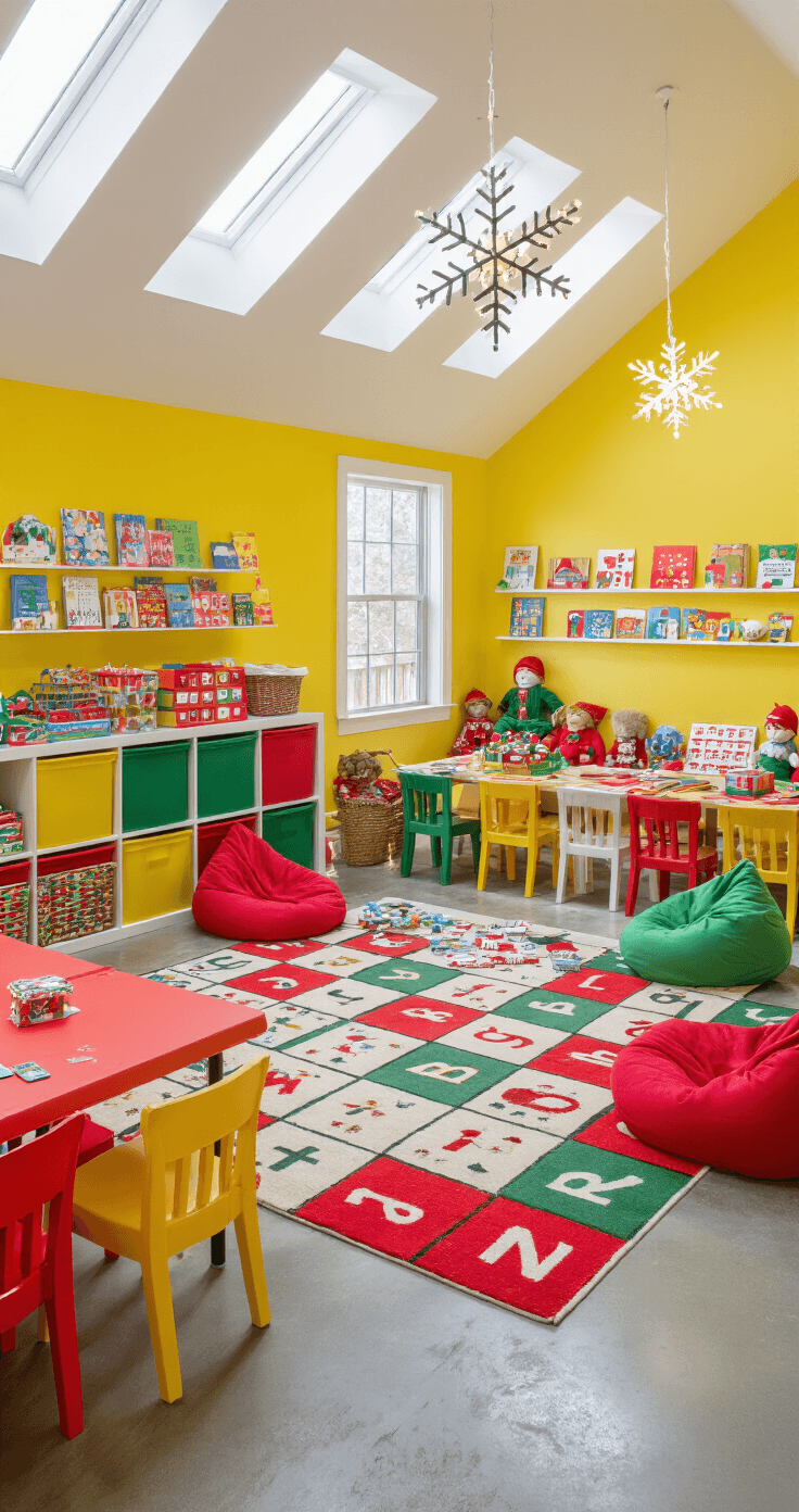 A vibrant Christmas-themed playroom filled with game stations, colorful storage cubes, and festive decorations, captured from a child's eye level under bright natural light.