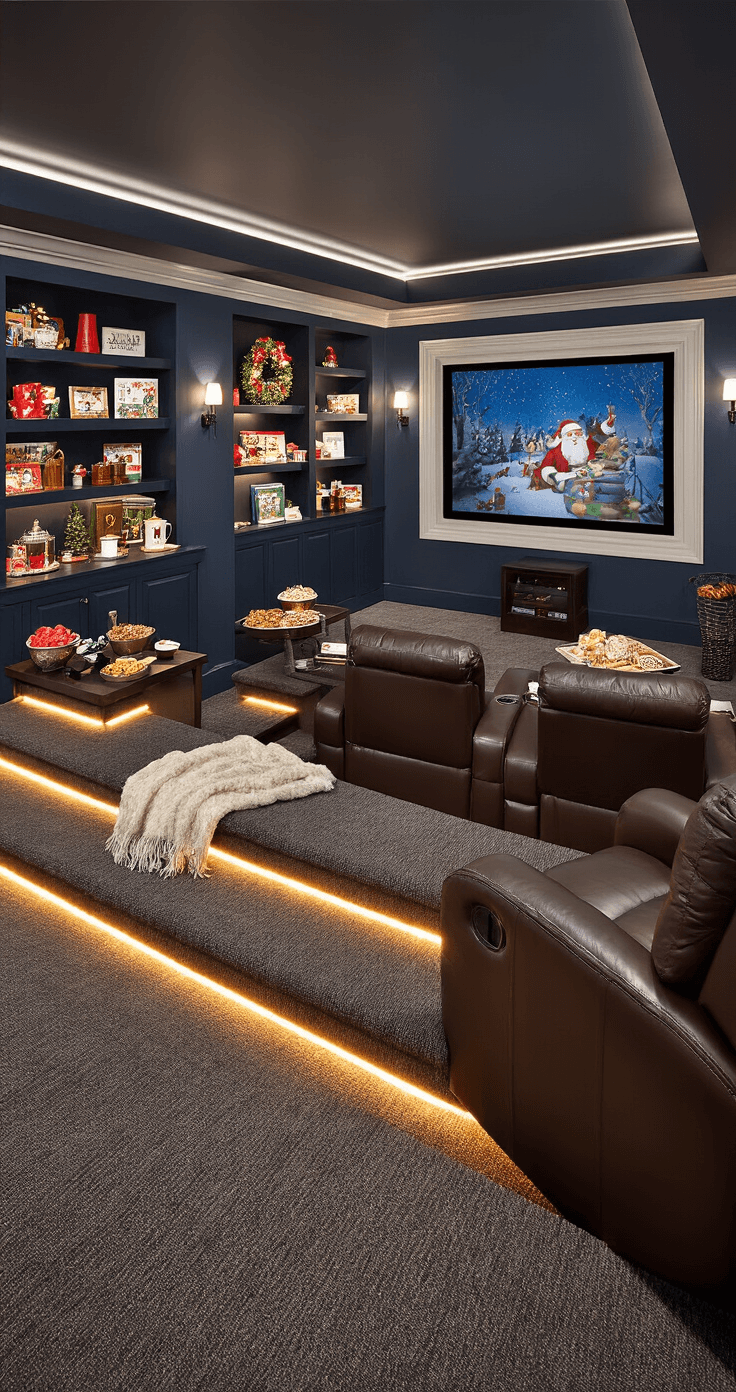 A cozy and sophisticated home theater room designed for holiday gatherings, featuring tiered leather recliners, a large projection screen showing a paused Christmas movie, and elegant decorations, with ambient lighting highlighting a wet bar area and festive accents.