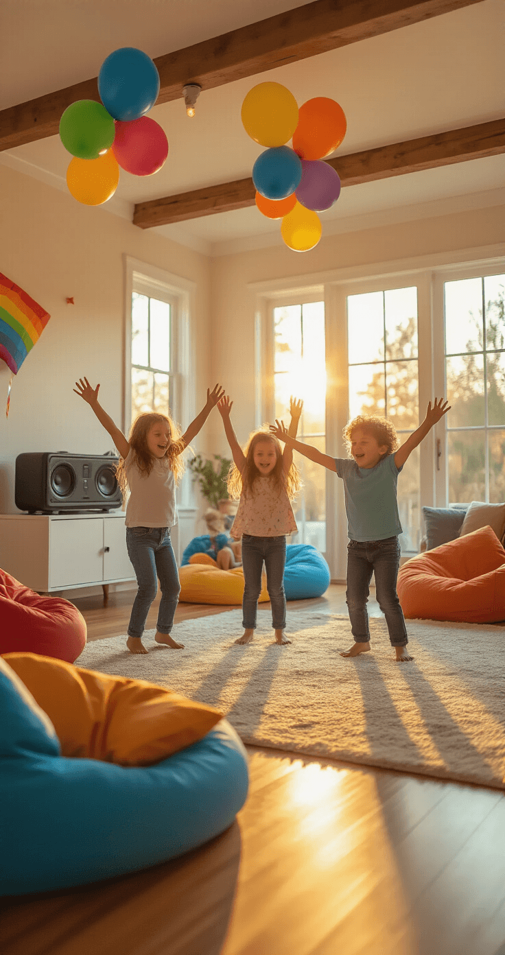 A vibrant family living room during golden hour, featuring scattered bean bags, dancing children, a Bluetooth speaker, and colorful party decorations, all captured at child eye-level with a festive atmosphere.