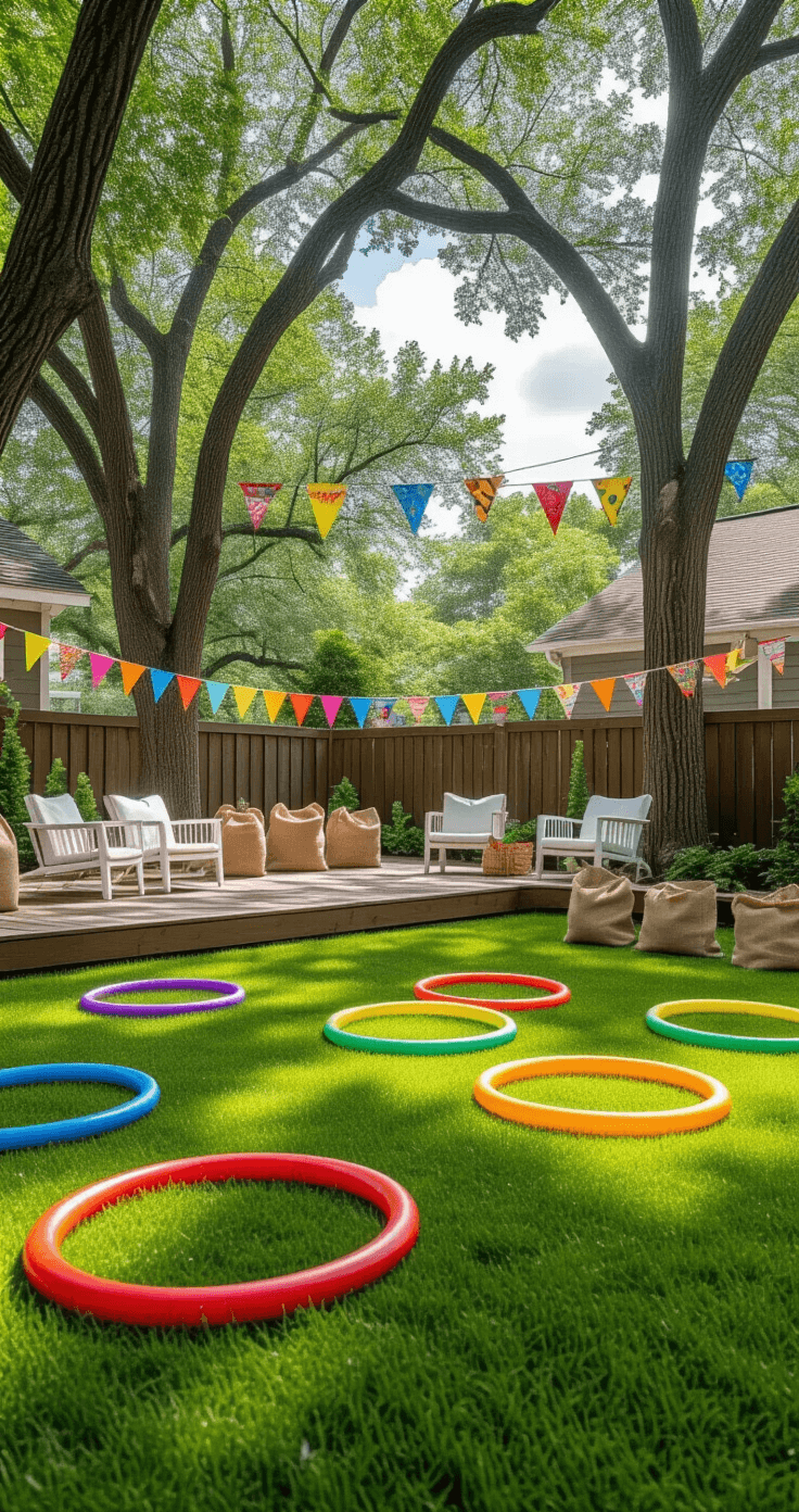 A bright suburban backyard set up for party games with rainbow-colored hula hoops on a manicured lawn, a wooden deck with burlap sacks and pool noodles, and colorful banners strung between fence posts under dappled sunlight from mature oak trees.