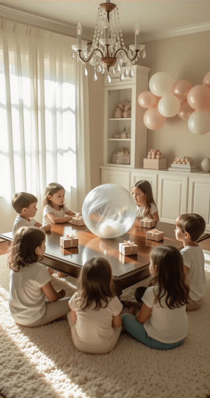 Elegant dining room transformed into a party space, with children sitting cross-legged on cream carpet around a mahogany table showcasing a saran wrap ball and wrapped gifts, illuminated by soft morning light and a crystal chandelier, creating a warm, intimate atmosphere.
