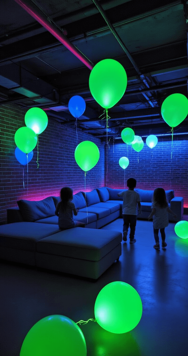 A transformed basement recreation room with dimmed lighting, featuring glow-in-the-dark balloons, colorful LED strip lighting, and children moving gracefully, creating light trails in an enchanting party atmosphere.