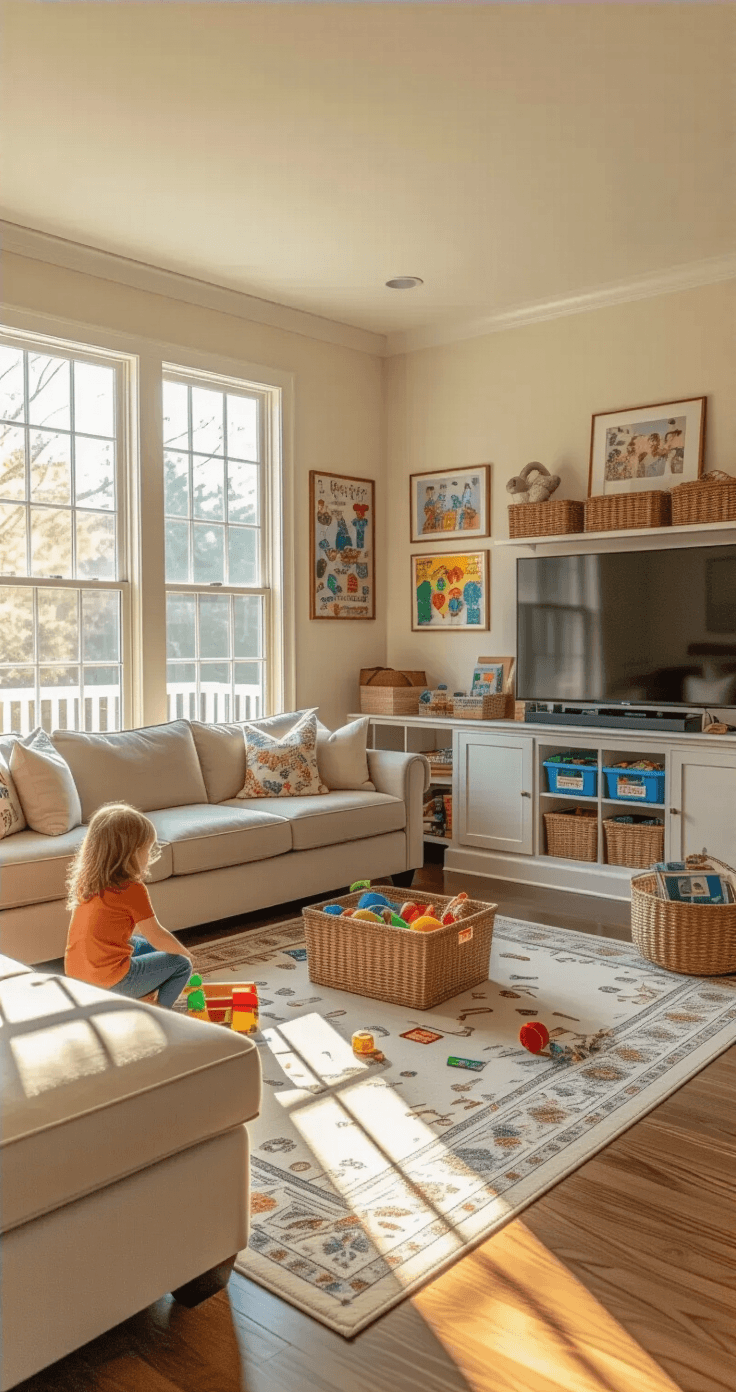 A cozy suburban living room set up for a treasure hunt, with a beige sectional sofa pushed aside and various household items scattered across hardwood floors, under bright afternoon light. The space features an entertainment center full of organized bins, children's artwork on the walls, and soft area rugs, creating an inviting atmosphere for exploration.