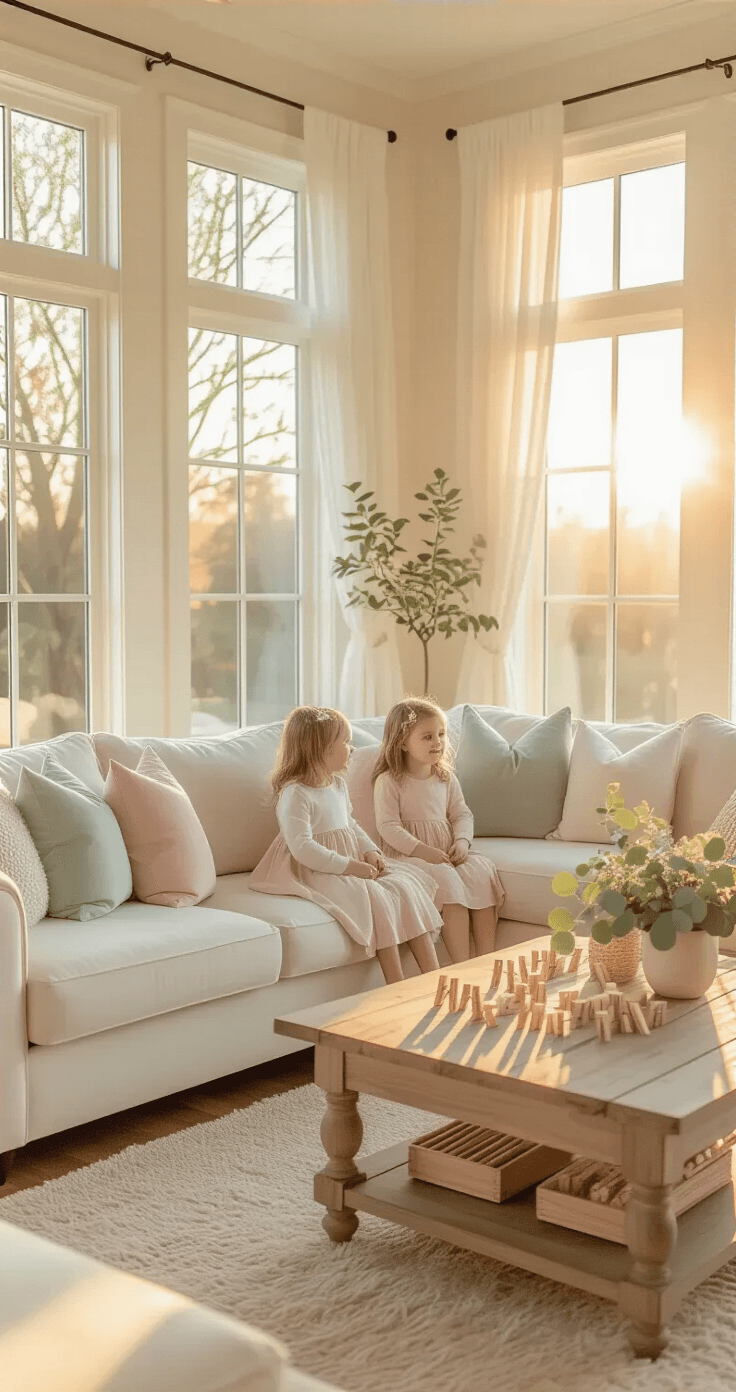 Photorealistic image of a baby shower setup in a bright living room during golden hour, showcasing an ivory sectional sofa with blush and sage pillows, a rustic oak coffee table with eucalyptus sprigs, guests in pastel attire, sheer white curtains, and a 'Don't Say Baby' sign above a floral-decorated mantel, all illuminated by soft afternoon sunlight.
