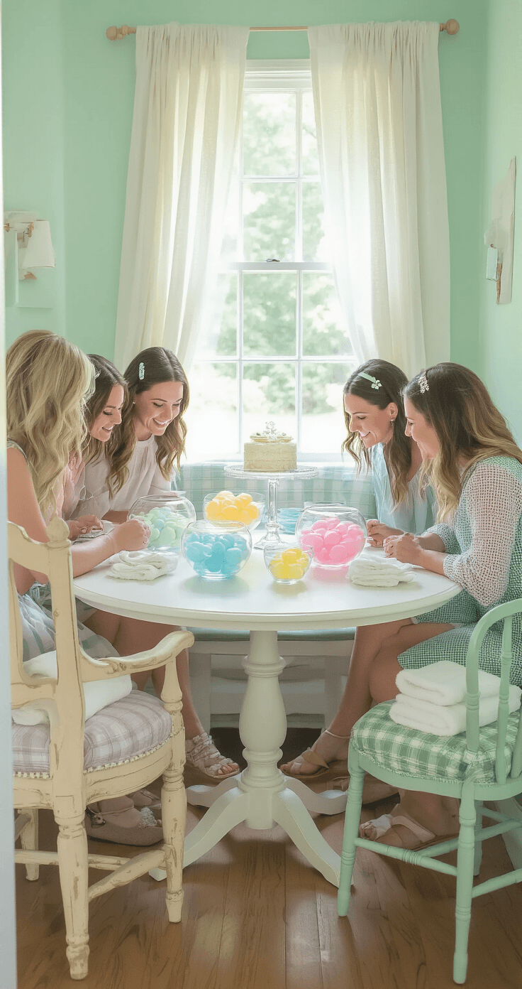 Photorealistic image of a charming breakfast nook decorated for a baby shower, featuring a round white pedestal table with glass bowls of floating pastel pacifiers, and four guests in mismatched chairs displaying laughter and determination amid bright, diffused light.