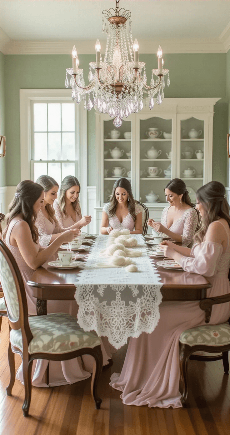Photorealistic image of an elegant formal dining room during a baby shower, featuring a large chandelier over a mahogany table with an ivory lace runner, vintage teacups in china cabinets, and six guests in maxi dresses. The expectant mother in a dusty rose dress is seated at the table head, surrounded by cream yarn and silver scissors, with a garden view through French doors.