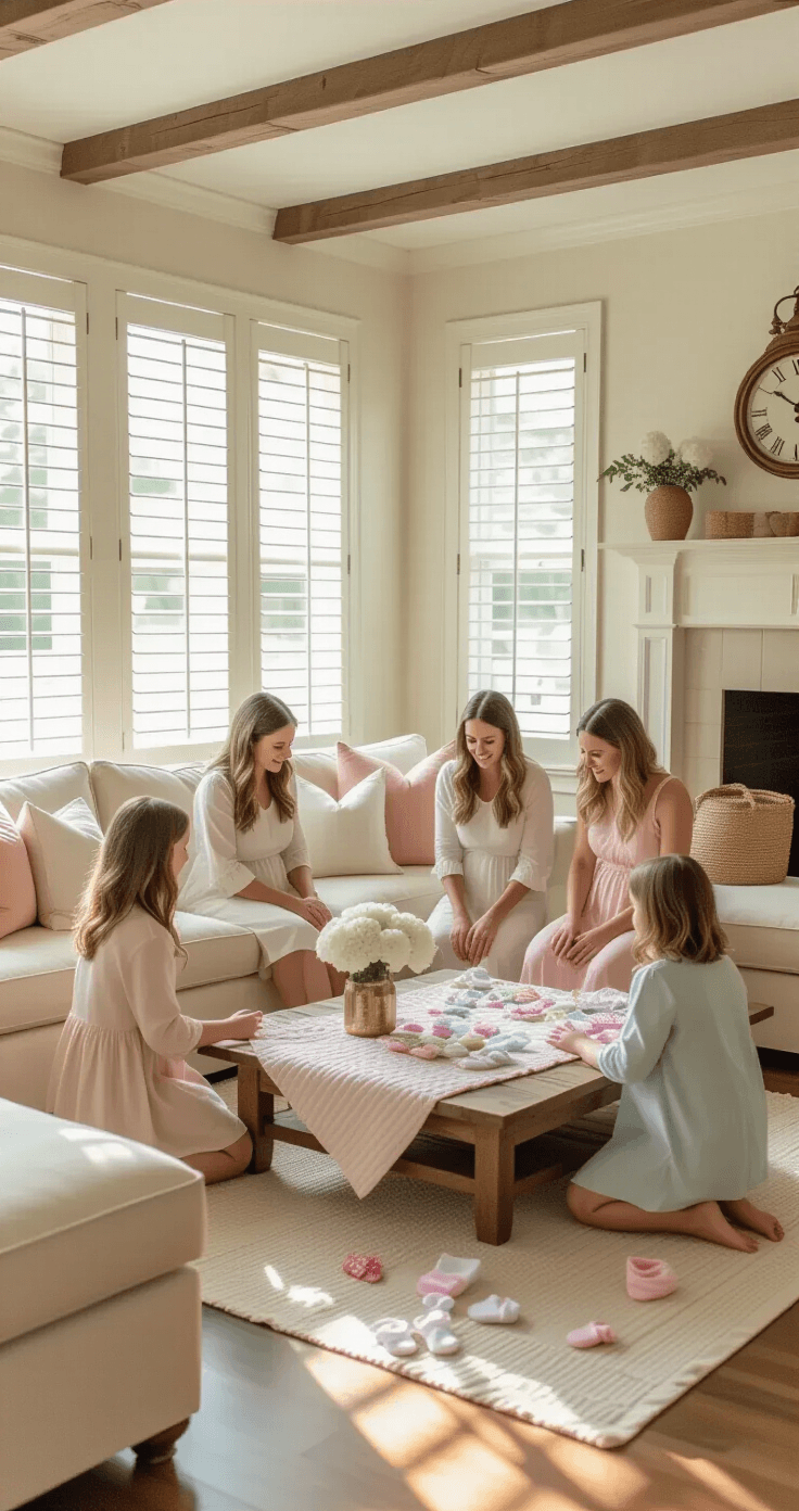 Photorealistic image of a sunlit family room during a baby shower, featuring a sectional sofa, rustic coffee table scattered with baby socks, guests in pastel outfits around a game area, and fresh hydrangeas in mason jars, all illuminated by natural light through plantation shutters.