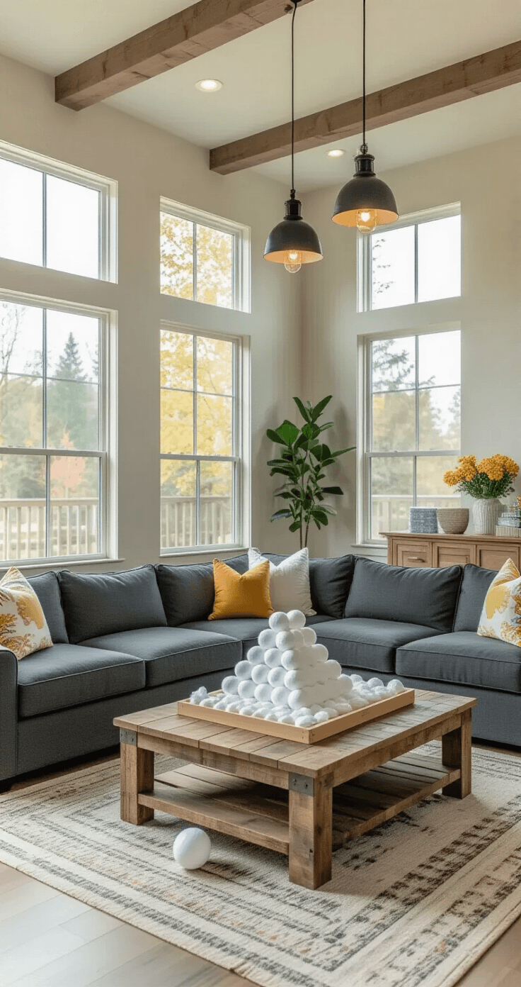 Interior photograph of a stylish co-ed baby shower setup in a modern living room, featuring a neutral color palette with charcoal sectional seating, a reclaimed wood coffee table with game stations, and a diaper pong setup. Warm natural light and pendant lighting illuminate the space, complemented by geometric area rugs and minimalist art on the walls.