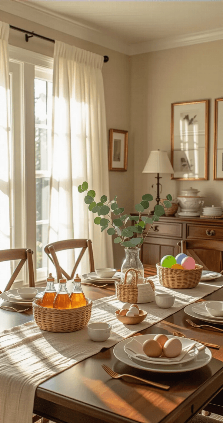 An elegant dining room transformed into a game central station, featuring a mahogany table surrounded by various game stations, soft golden hour lighting filtering through sheer curtains, and a warm earth-tone palette with decorative elements.