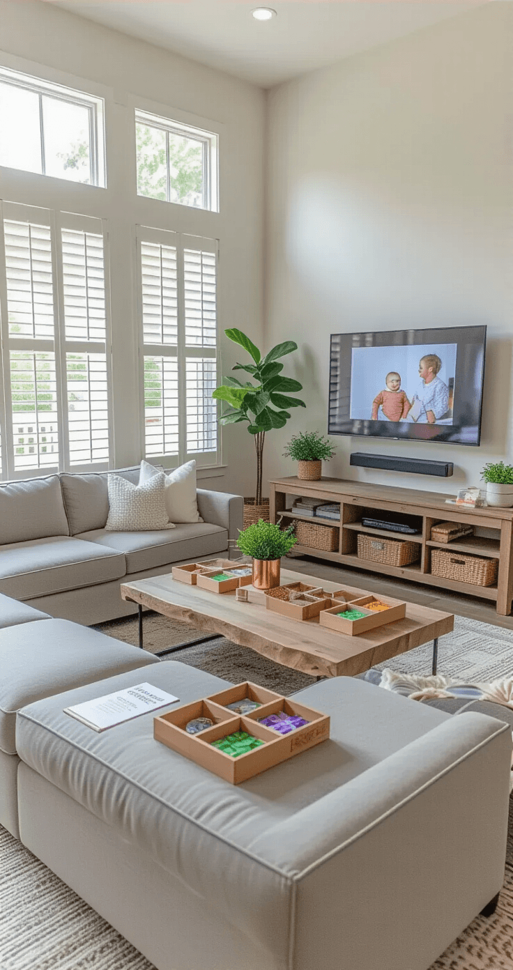 Wide-angle view of a bright, open-concept family room set up for a baby shower, featuring a large gray sectional sofa, a mounted TV playing quiz content, and game props on a live-edge coffee table, all illuminated by morning light streaming through floor-to-ceiling windows.