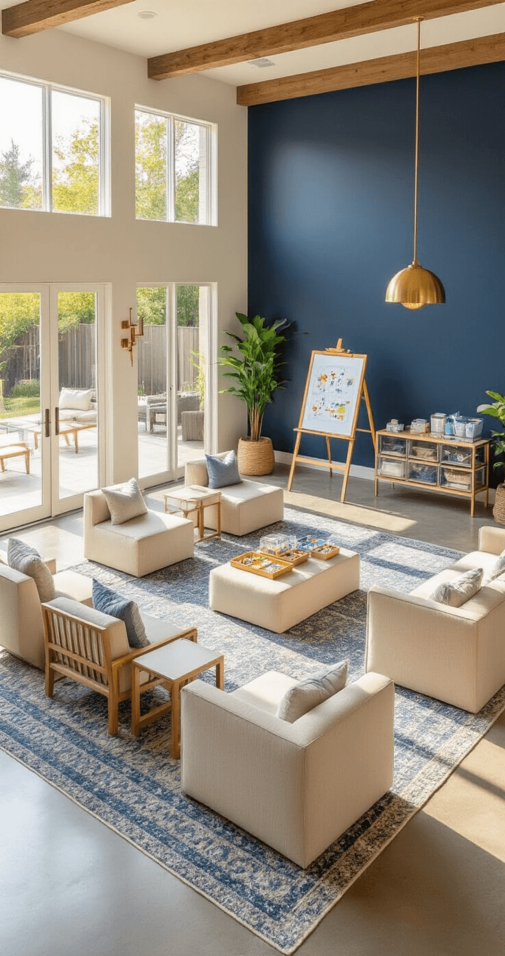 Interior photograph of a spacious great room set for a team-based baby shower, featuring distinct game zones, neutral modular furniture, a prominent Pictionary easel, a navy accent wall, brass lighting, polished concrete floors with layered rugs, and fresh flowers, all illuminated by late afternoon light.