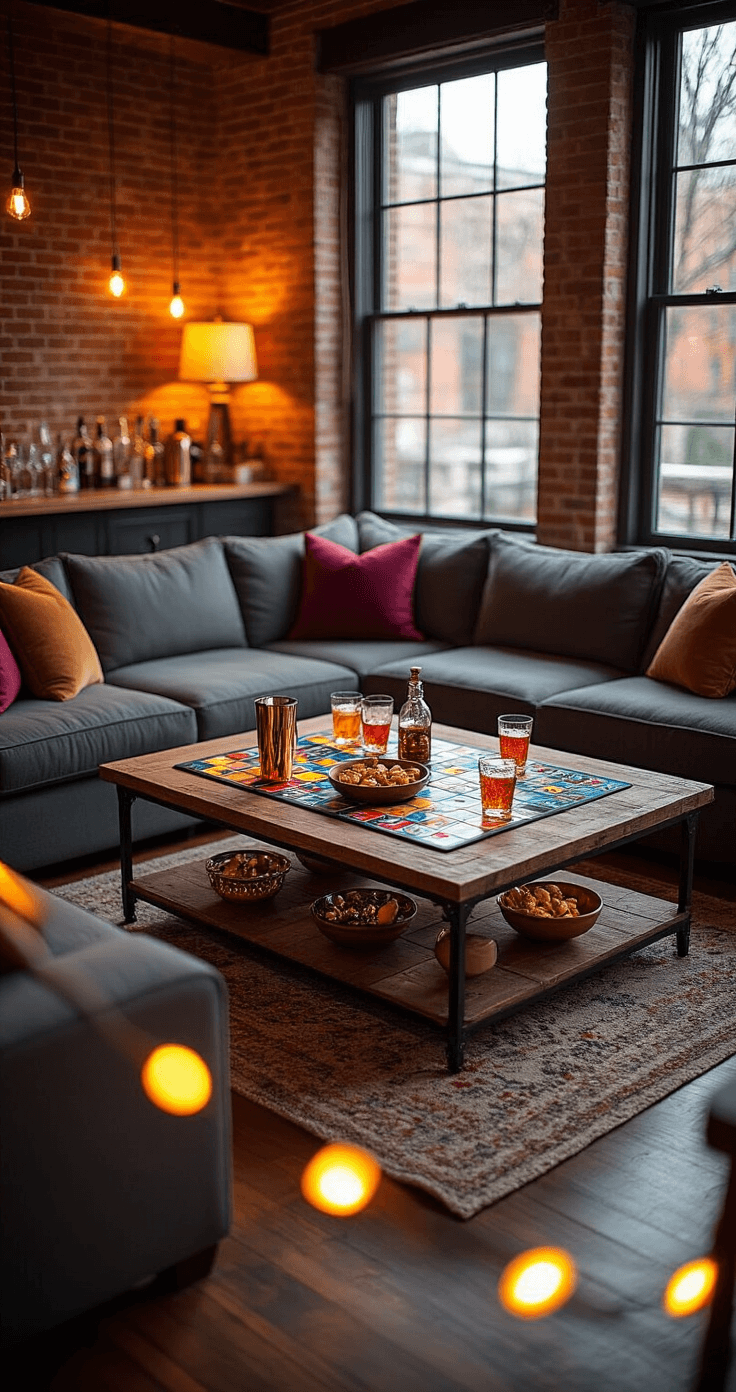 Modern living room setup for game night, low angle view showcasing a spacious room with exposed brick wall, dark hardwood floors, a charcoal gray sectional sofa, a reclaimed wood coffee table with colorful games and snacks, jewel-toned pillows, and warm lighting from table lamps and string lights.