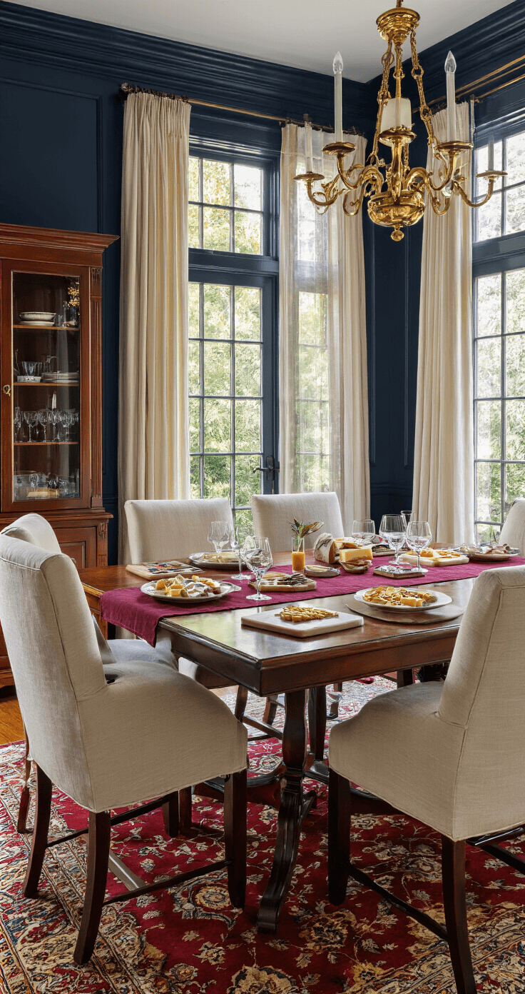 Elegant dining room transformed into a game central, featuring a mahogany table set with board games and cheese boards, illuminated by golden hour light through tall windows, accented by navy blue walls, cream chairs, and a vintage chandelier.