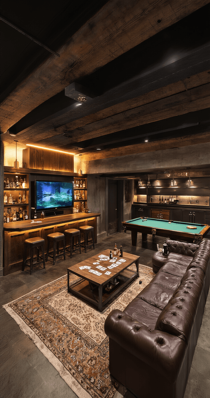 Cozy basement rec room with exposed black beams and concrete floors, featuring an L-shaped deep brown leather sectional facing a wall-mounted TV, a custom bar with butcher block top, illuminated liquor shelves, and a pool table, all accented by warm amber lighting and dramatic shadows.
