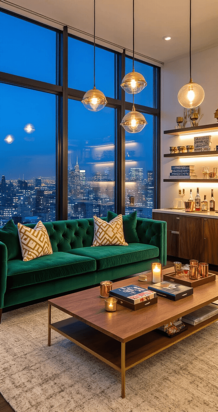 Chic apartment living space at blue hour, featuring floor-to-ceiling windows with city lights, mid-century modern furniture including an emerald green velvet sofa, walnut coffee table, and brass accents, complemented by warm interior lighting, geometric throw pillows, and a minimalist bar setup.