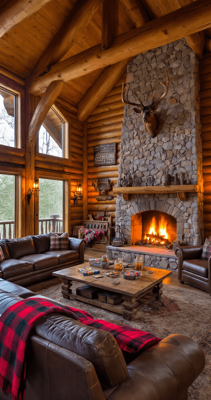 Cozy rustic cabin interior featuring a vaulted great room with a crackling stone fireplace, oversized leather seating, and warm lighting characterized by a reclaimed wood coffee table adorned with board games and cocktails, all enhanced by vintage decor and rich textures.