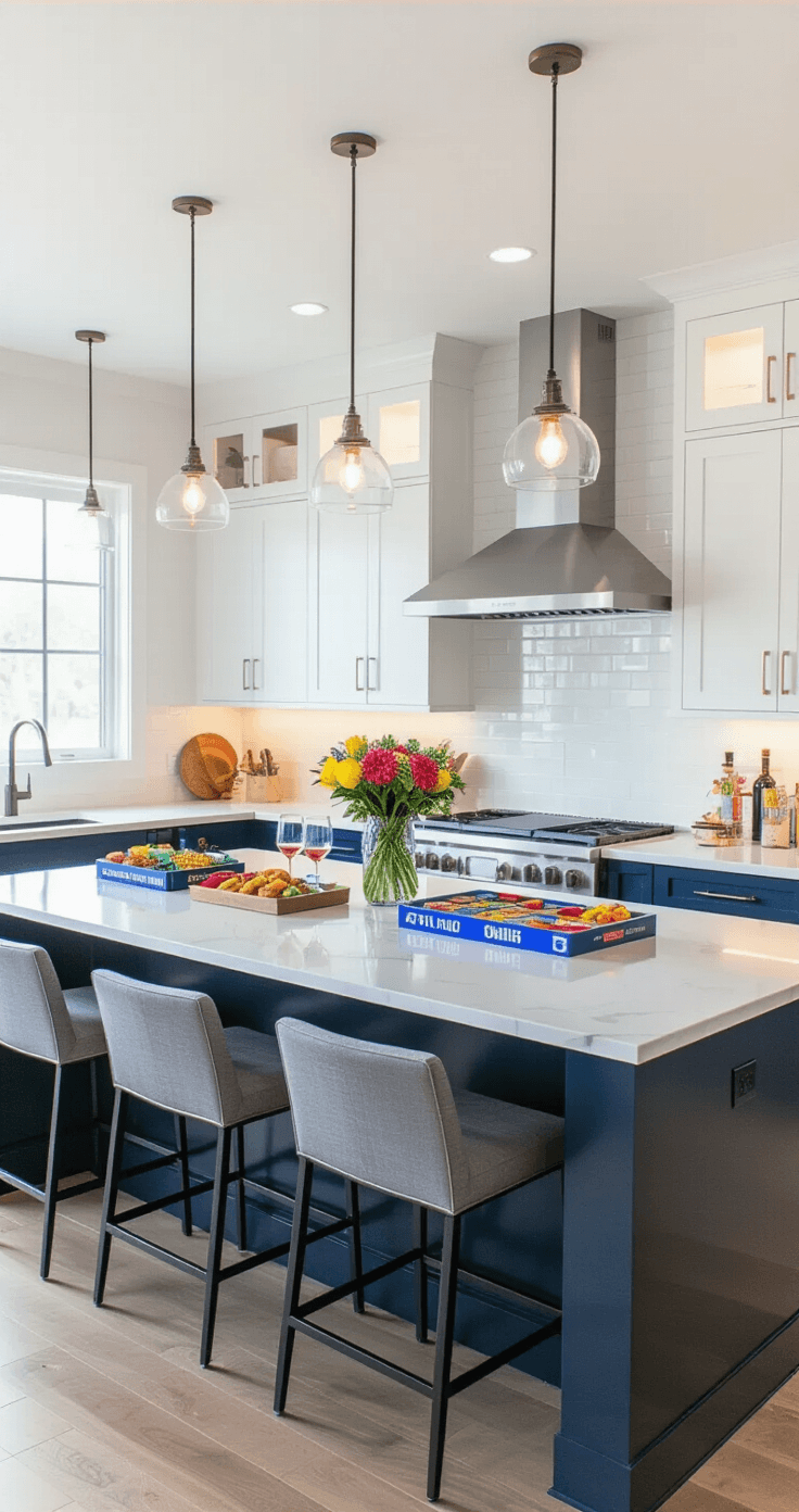 Contemporary kitchen island with white quartz countertops and navy blue cabinets, featuring a game station setup with colorful game boxes and wine glasses, photographed from bar stool height.