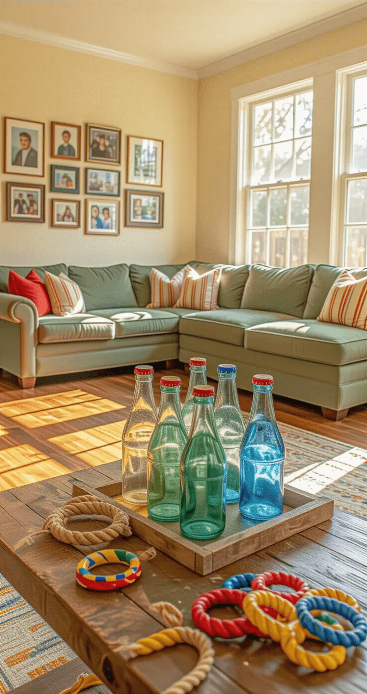 A sunlit family game room featuring a vintage ring toss setup, with sandy-filled glass soda bottles arranged on a wooden table, colorful rope rings scattered around, and a cozy sectional sofa in sage green against cream-colored walls.