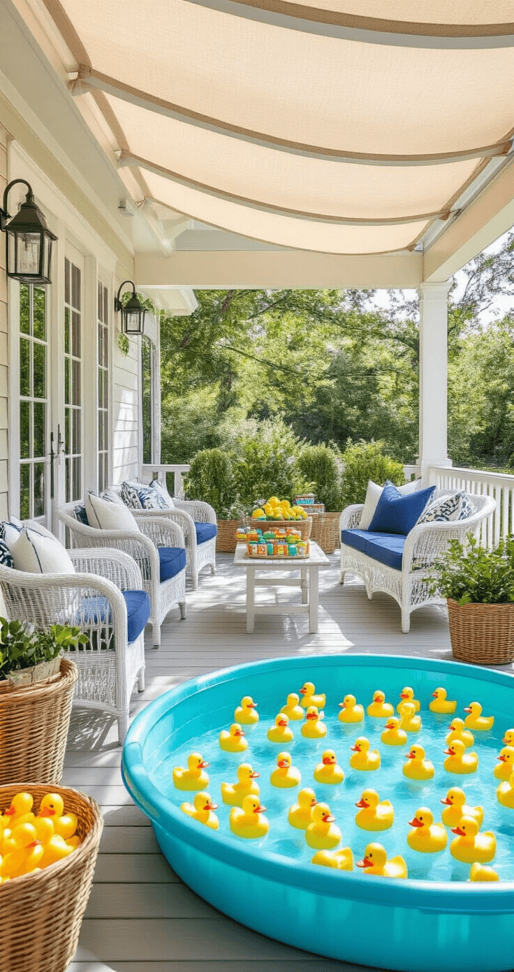 A charming covered patio setup featuring a duck pond carnival game with a bright blue kiddie pool filled with yellow rubber ducks, surrounded by white wicker chairs and potted plants in terracotta containers, all in a playful color palette of mint green, sunshine yellow, and ocean blue, captured from a child’s eye level in soft diffused lighting.
