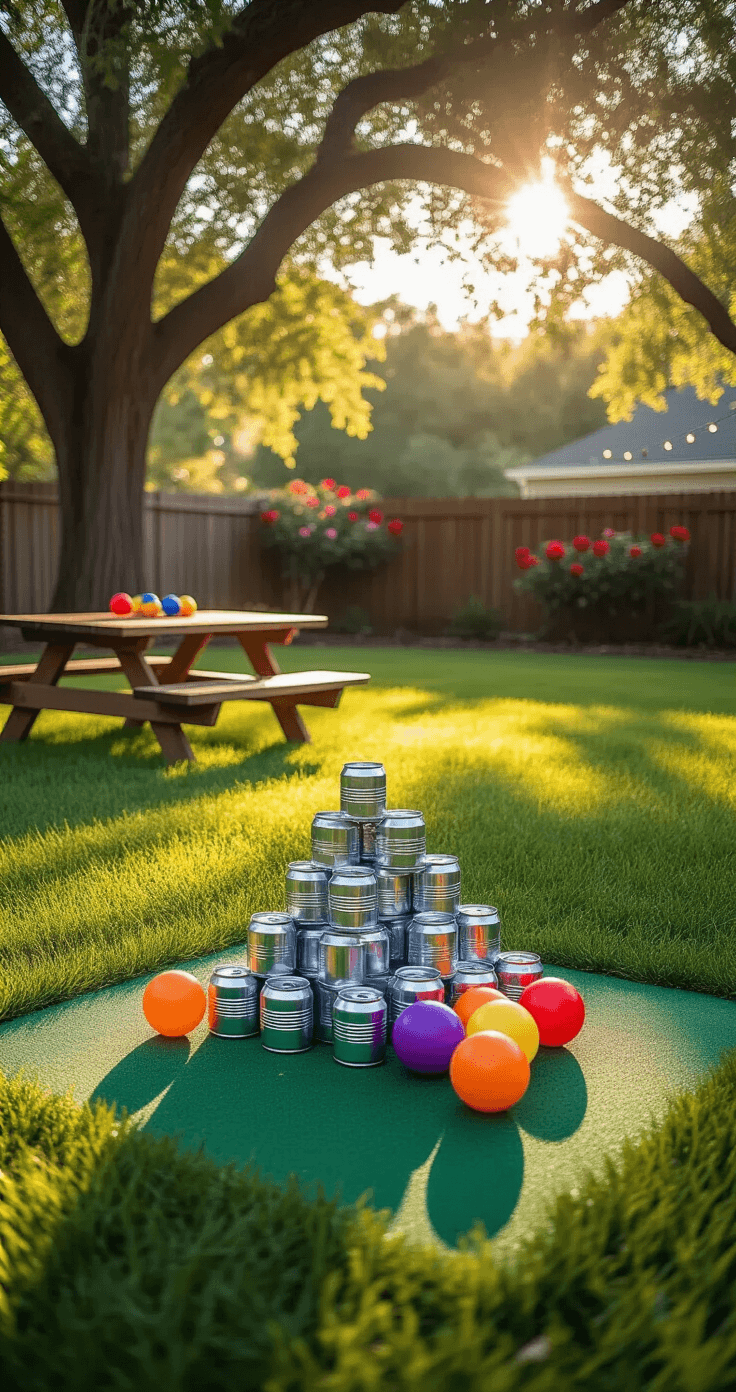 A competitive backyard carnival game setup at 4 PM, featuring a pyramid of aluminum cans on a wooden picnic table amidst a lush green lawn, dappled shade from oak trees, and colorful foam balls scattered on an astroturf mat. A wooden fence adorned with climbing roses and twinkling string lights is visible in the background, enhanced by warm golden hour lighting.
