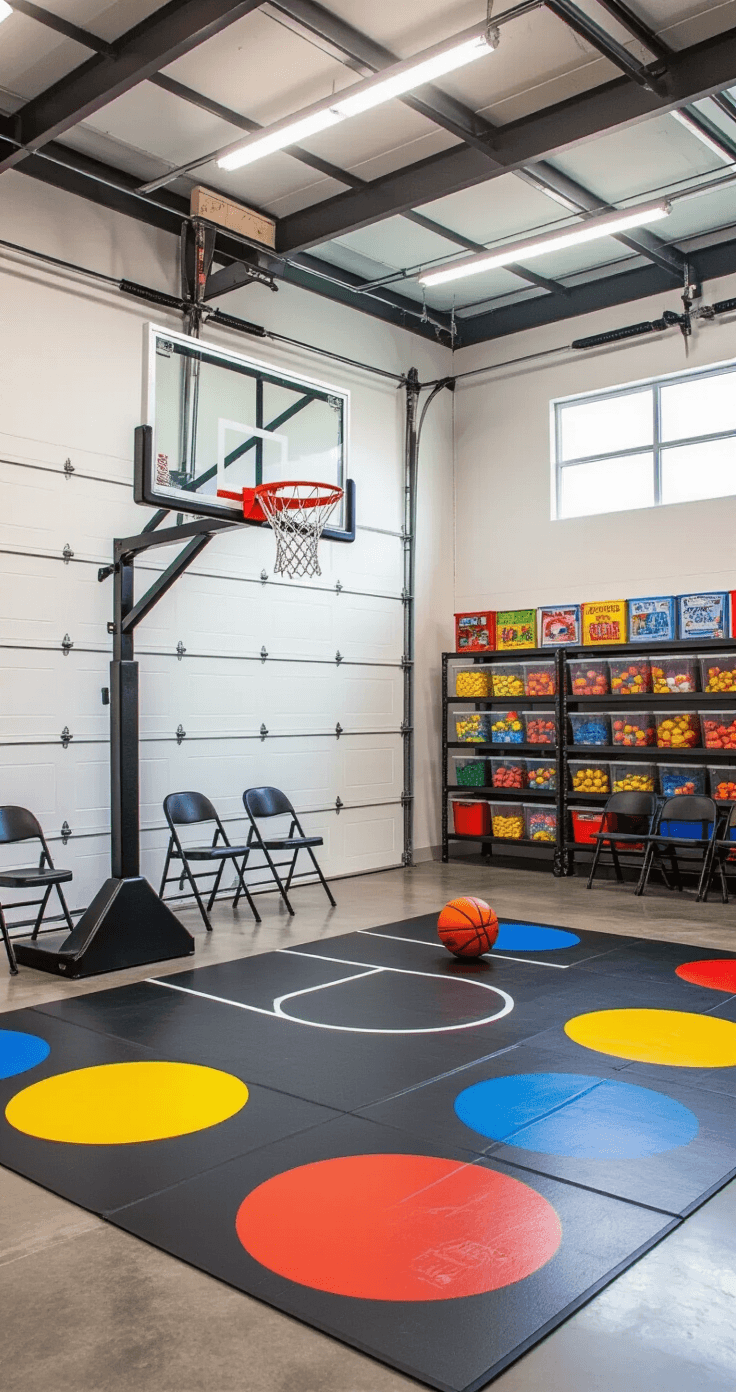 A vibrant converted garage game room with polished concrete floors and white walls, featuring an adjustable basketball carnival setup, bright fluorescent and natural light, colorful chalk zones on the floor, industrial shelving with prizes, and folding chairs for spectators.