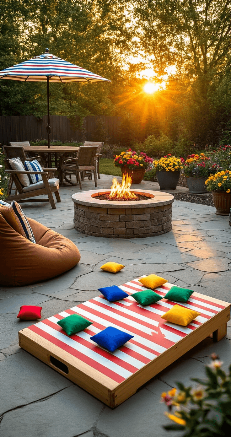 A vibrant backyard patio at golden hour featuring a bean bag toss carnival game on a flagstone surface, with a custom cornhole board in red and white stripes, colorful bean bags nearby, and a cozy fire pit surrounded by outdoor furniture, all illuminated by warm sunset hues.
