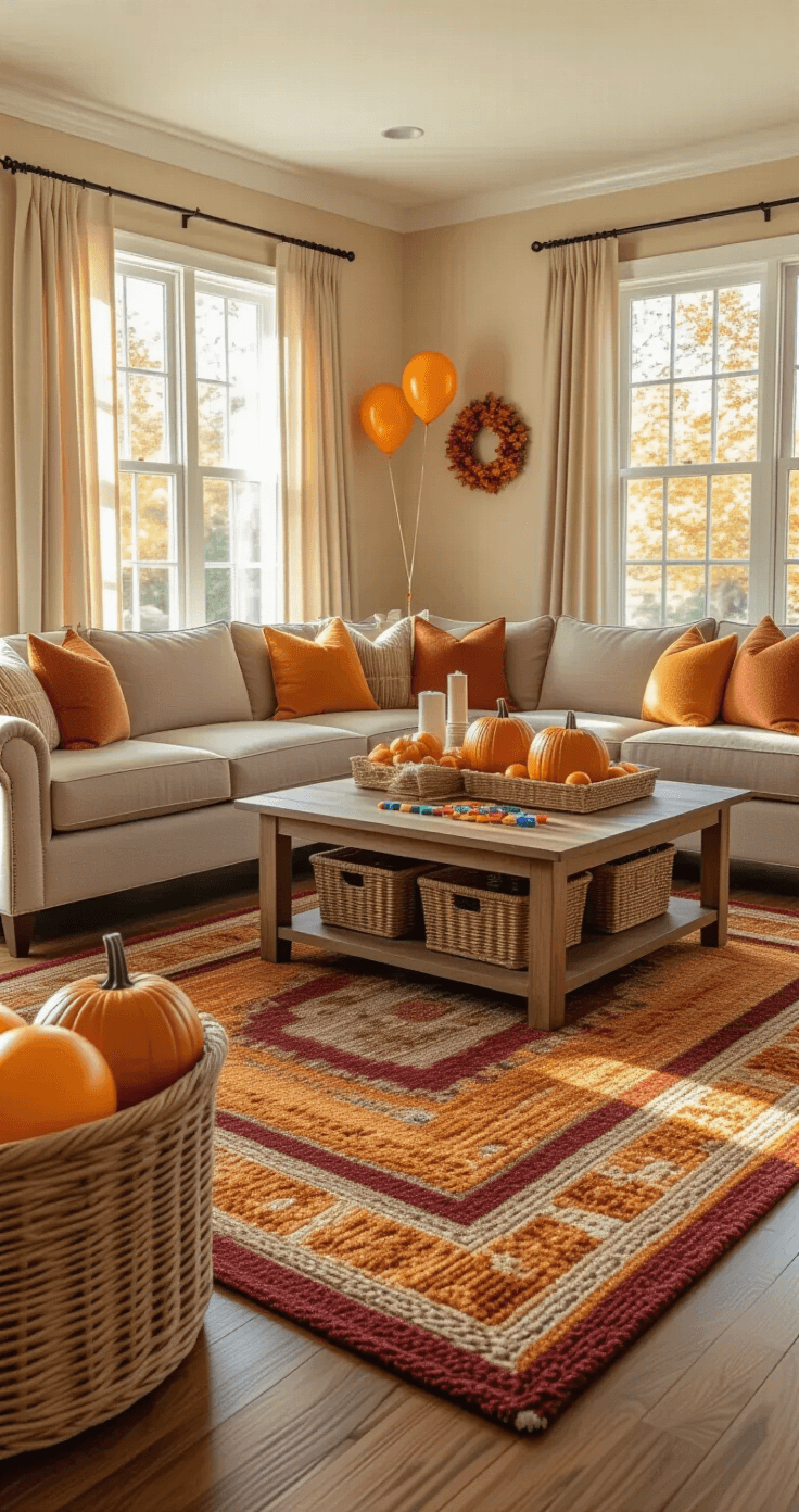 Warm and inviting Thanksgiving living room with hardwood floors, braided area rug, comfortable sectional sofa, game supplies, decorative pumpkins, and family photos, all bathed in soft, natural light.