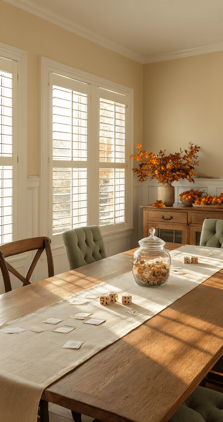 A spacious dining room transformed into a gratitude game station, featuring a large oak table with a cream linen runner, decorative glass jar, paper slips, and elegant pens, illuminated by warm golden hour light filtering through plantation shutters. High-backed sage green chairs surround the table, with autumn garland on the walls and a rustic sideboard displaying gratitude dice and instruction cards. Soft pendant lighting enhances the serene atmosphere.
