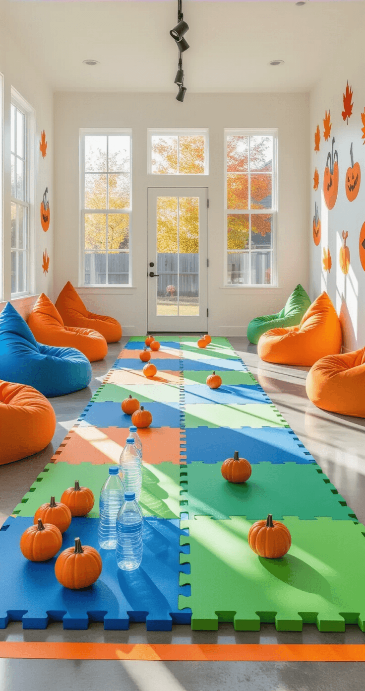 A vibrant game zone in a converted family room featuring colorful foam mats, natural light from large windows, a folding table with pumpkin bowling supplies, bright orange masking tape lane boundaries, bean bag chairs, autumn-themed wall decals, and a large scoreboard, creating an energetic and playful atmosphere.
